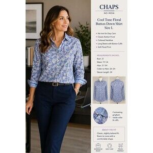Chaps No Iron Floral Button Down Shirt Blue & Purple Womens Large Long Sleeved